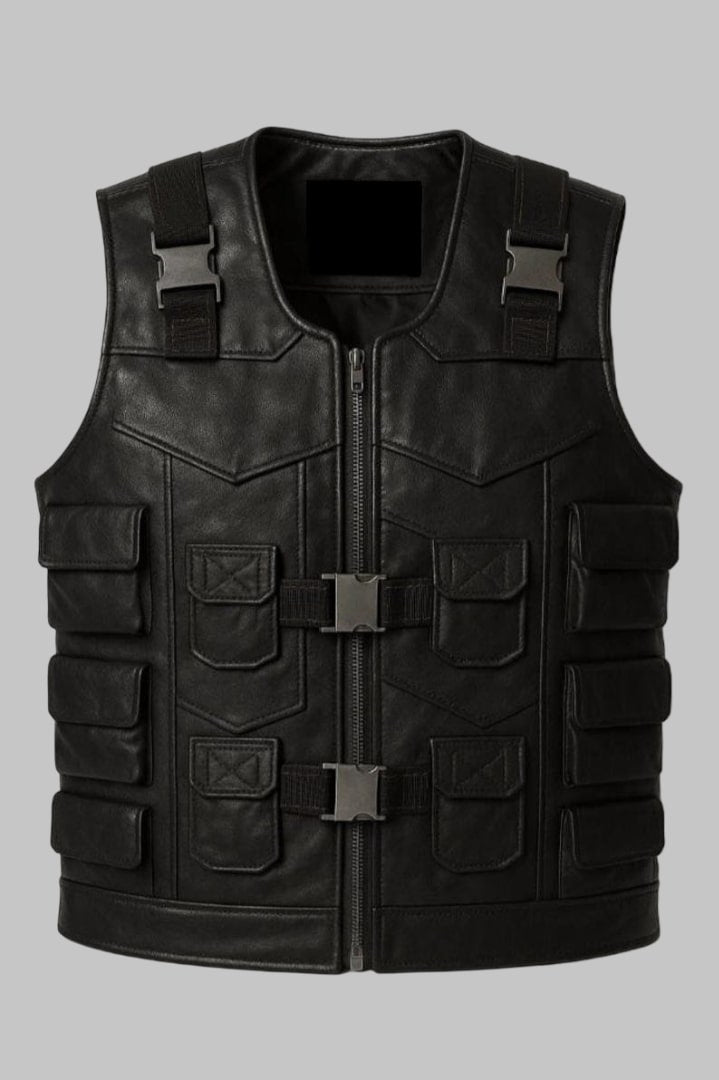 Men Tactical Black Leather Utility Vest
