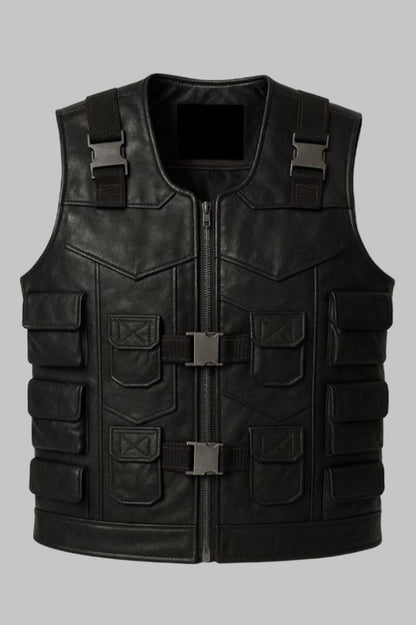 Men Tactical Black Leather Utility Vest