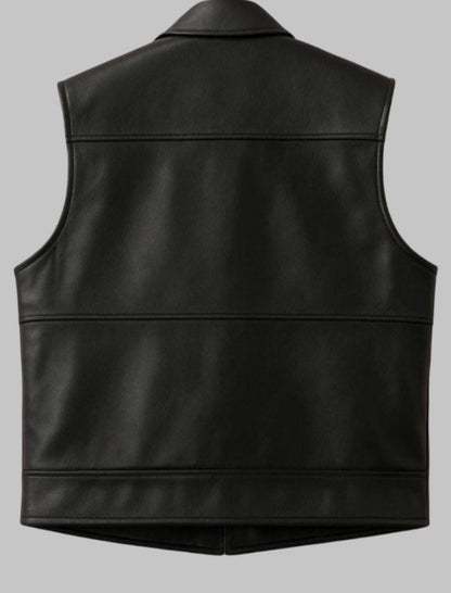 Men Tactical Black Leather Utility Vest