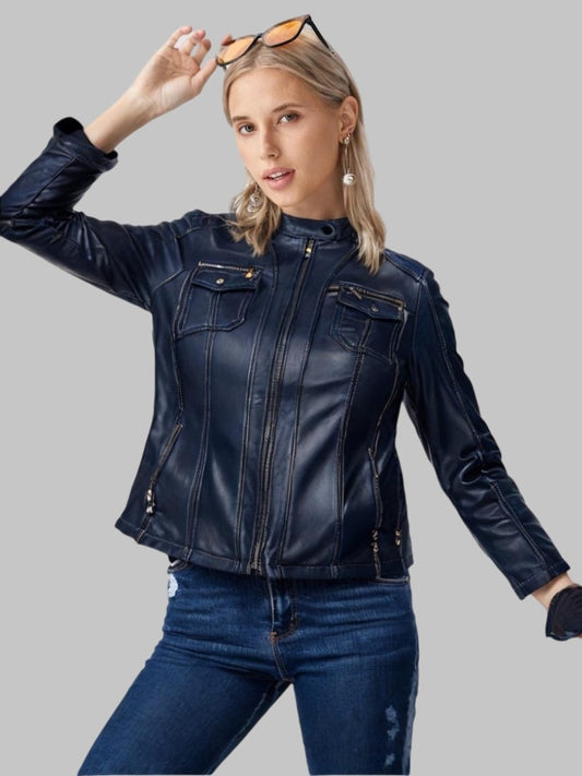 Women Blue Real Leather Motorcycle Jacket Slim Fit Biker Coat