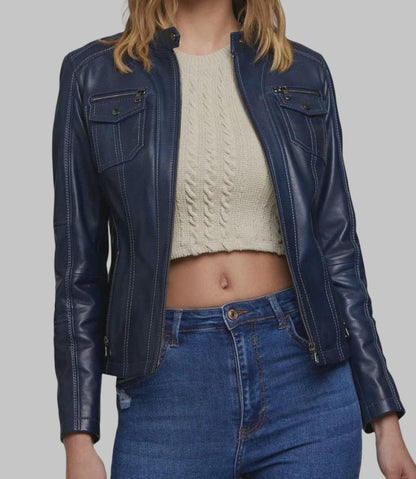 Women Blue Real Leather Motorcycle Jacket Slim Fit Biker Coat