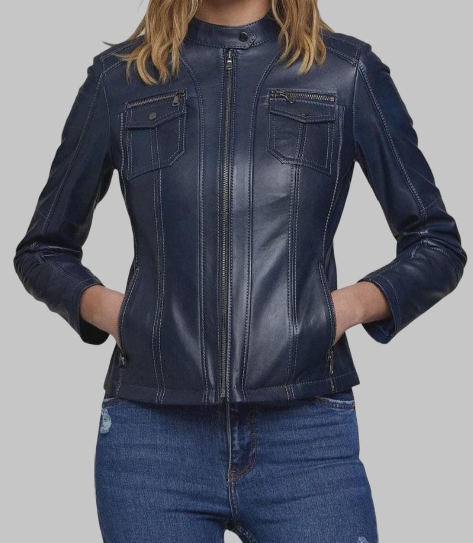 Women Blue Real Leather Motorcycle Jacket Slim Fit Biker Coat
