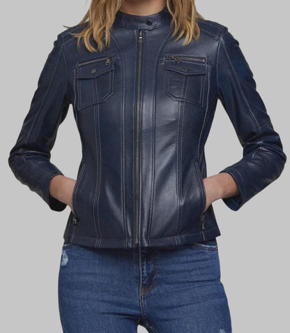 Women Blue Real Leather Motorcycle Jacket Slim Fit Biker Coat