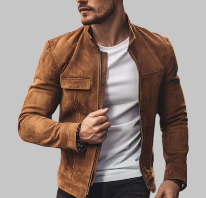 Men Tan Suede Leather Bomber Jacket Slim Fit Vintage Western Style