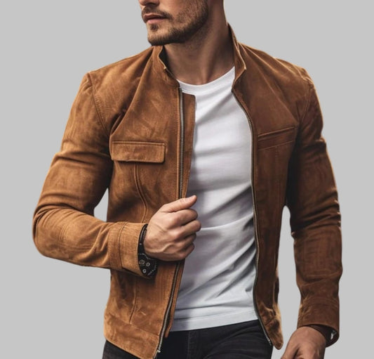 Men Tan Suede Leather Bomber Jacket Slim Fit Vintage Western Style