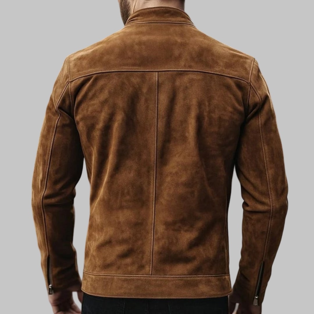 Men Tan Suede Leather Bomber Jacket Slim Fit Vintage Western Style