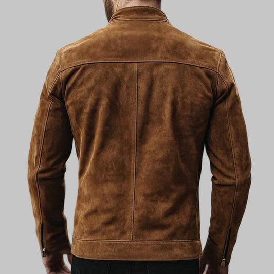 Men Tan Suede Leather Bomber Jacket Slim Fit Vintage Western Style