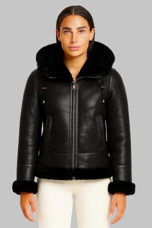 Women Shearling B3 Bomber Jacket Sheepskin Leather Aviator Coat