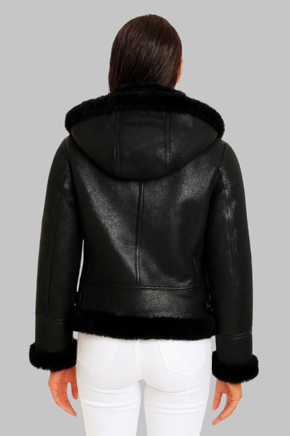 Women Shearling B3 Bomber Jacket Sheepskin Leather Aviator Coat
