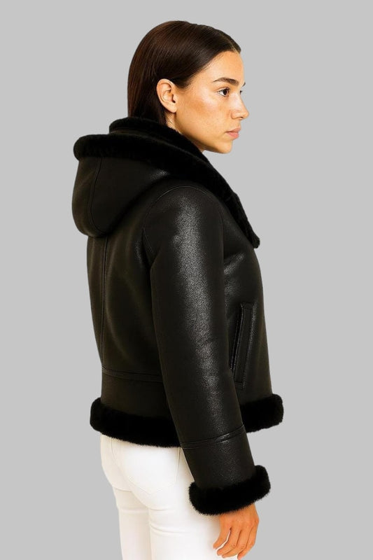 Women Shearling B3 Bomber Jacket Sheepskin Leather Aviator Coat