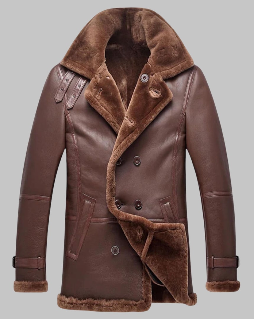 Men Double Breasted Shearling Sheepskin Coat Winter Long Jacket
