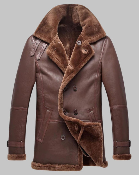 Men Double Breasted Shearling Sheepskin Coat Winter Long Jacket