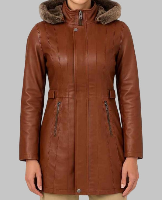 Women Shearling Hooded Brown Leather Coat Handmade Winter Outerwear