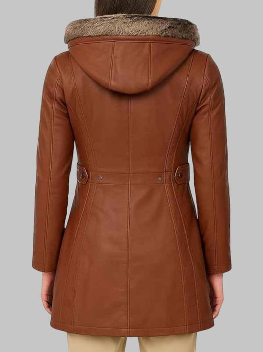 Women Shearling Hooded Brown Leather Coat Handmade Winter Outerwear