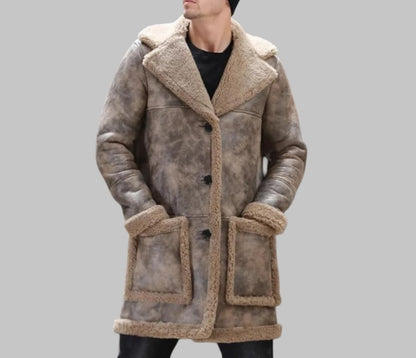 Men Waxed Shearling Leather Coat Long Real Leather Fur Jacket