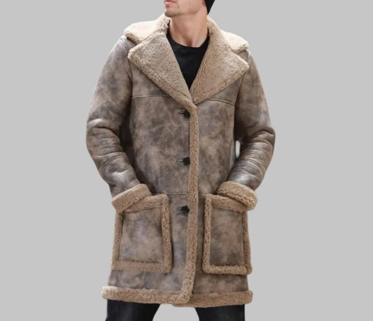 Men Waxed Shearling Leather Coat Long Real Leather Fur Jacket