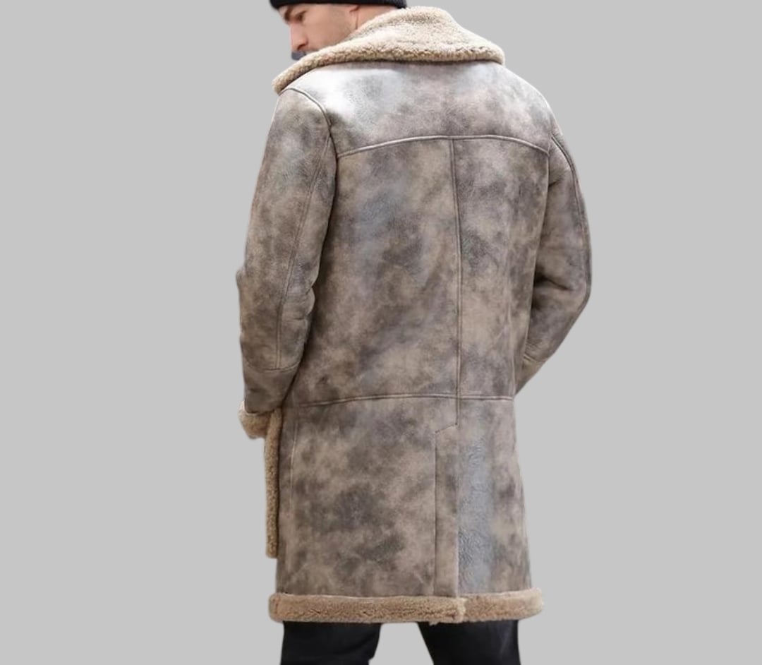 Men Waxed Shearling Leather Coat Long Real Leather Fur Jacket