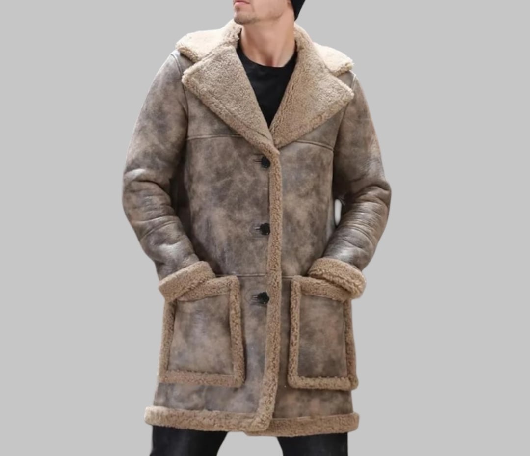 Men Waxed Shearling Leather Coat Long Real Leather Fur Jacket