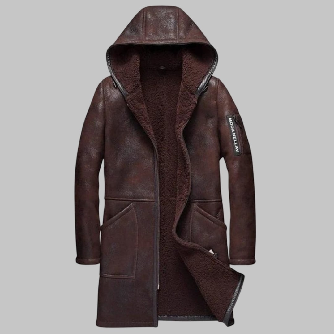 Men Hooded Dark Brown Sheepskin Shearling Leather Jacket