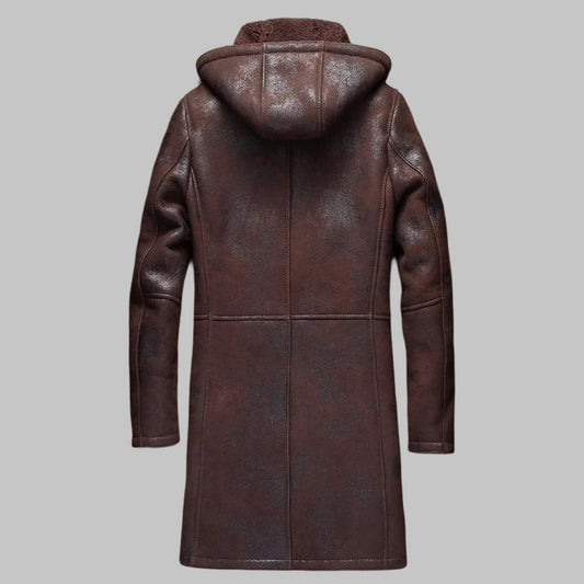 Men Hooded Dark Brown Sheepskin Shearling Leather Jacket