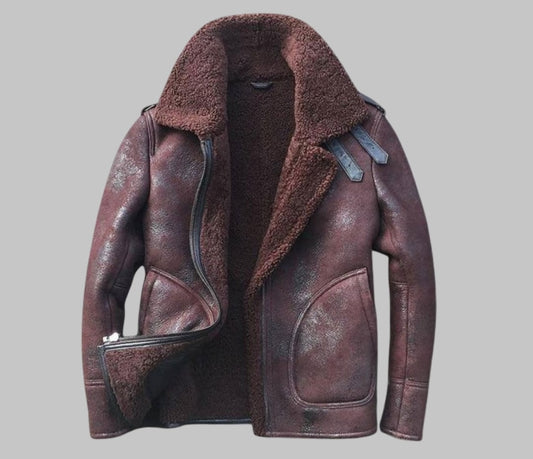 Brown Sheepskin Shearling Leather Bomber Jacket