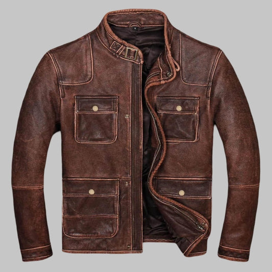 Men Distressed Brown Cafe Racer Leather Jacket