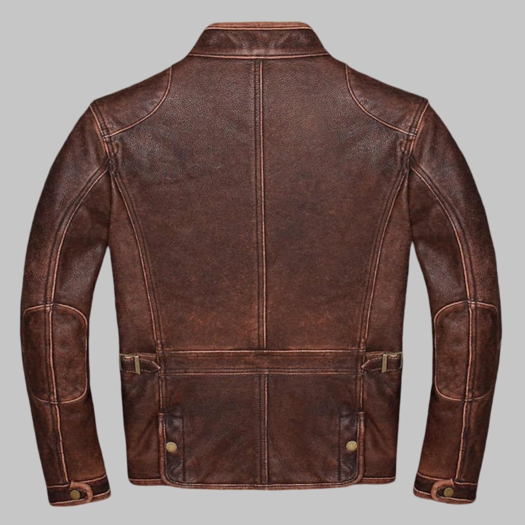 Men Distressed Brown Cafe Racer Leather Jacket
