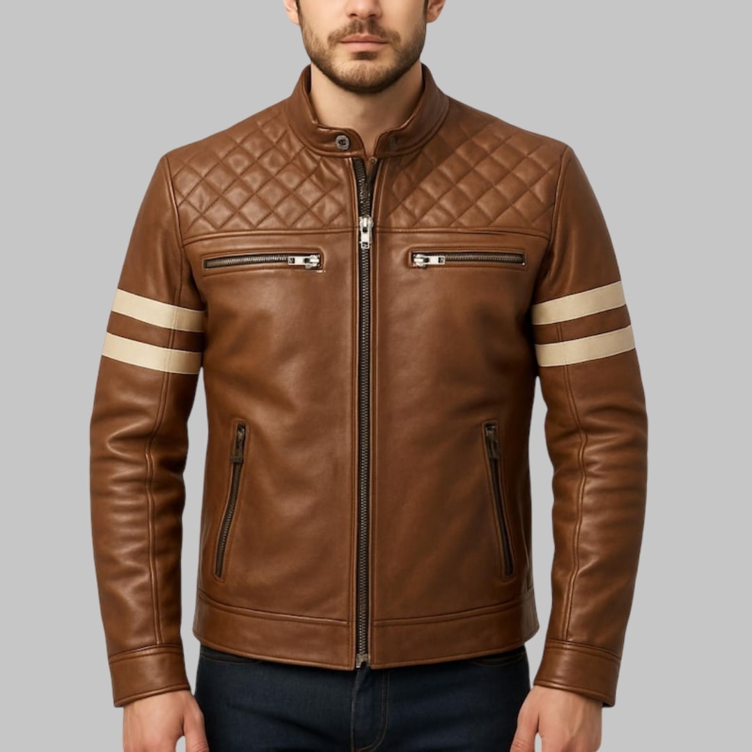 Men’s Brown Quilted Moto Leather Jacket with White Sleeve Stripes
