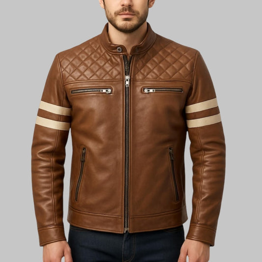 Men’s Brown Quilted Moto Leather Jacket with White Sleeve Stripes