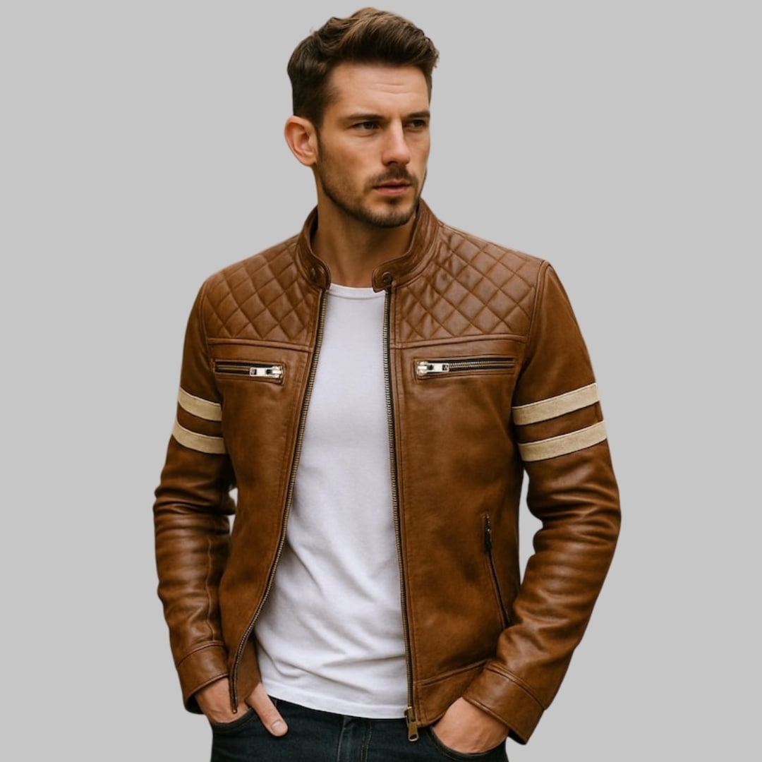 Men’s Brown Quilted Moto Leather Jacket with White Sleeve Stripes