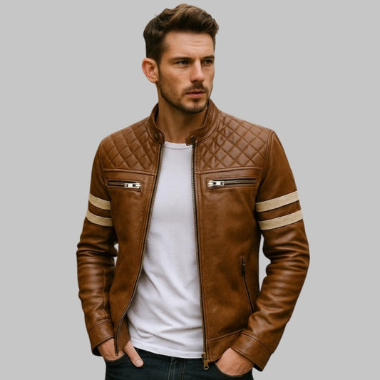 Men’s Brown Quilted Moto Leather Jacket with White Sleeve Stripes