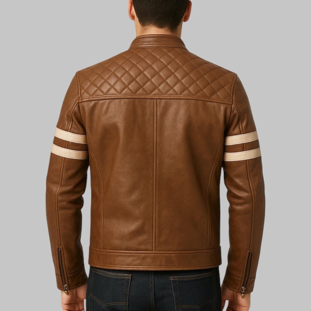Men’s Brown Quilted Moto Leather Jacket with White Sleeve Stripes