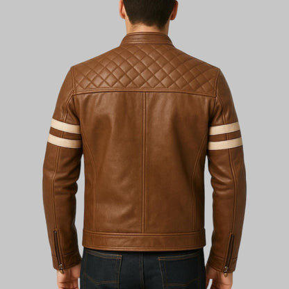 Men’s Brown Quilted Moto Leather Jacket with White Sleeve Stripes