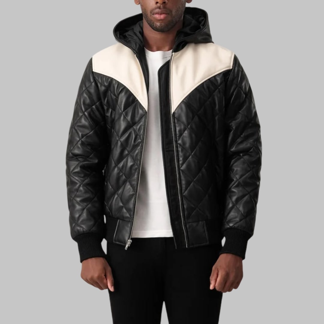 Norman Men’s Black Hooded Leather Bomber Puffer Jacket