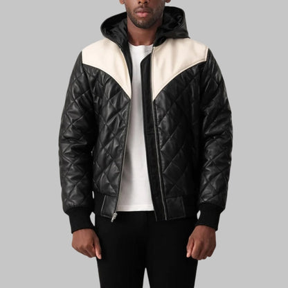 Norman Men’s Black Hooded Leather Bomber Puffer Jacket