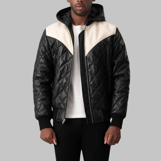 Norman Men’s Black Hooded Leather Bomber Puffer Jacket