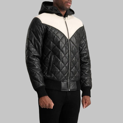 Norman Men’s Black Hooded Leather Bomber Puffer Jacket