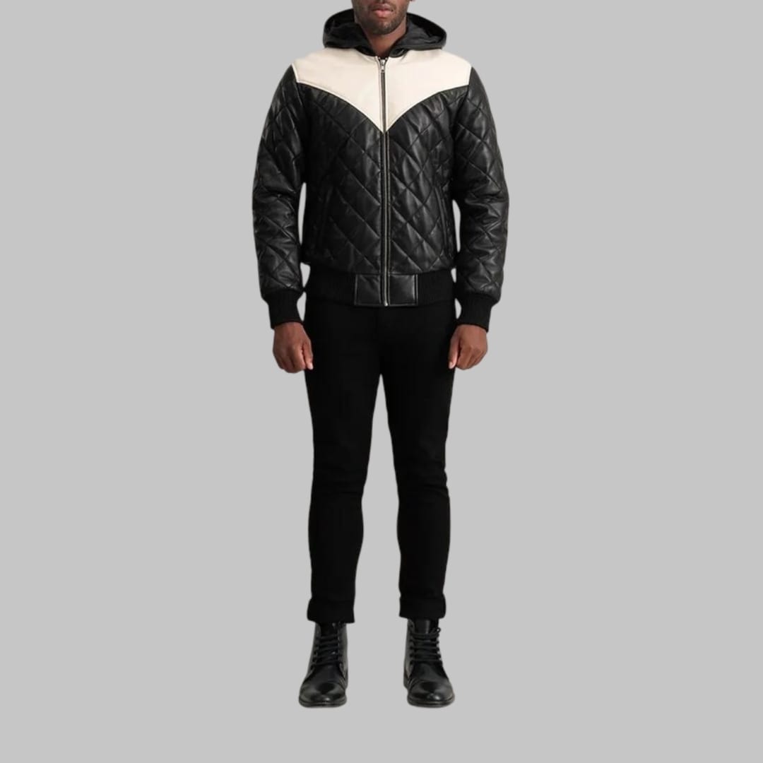 Norman Men’s Black Hooded Leather Bomber Puffer Jacket
