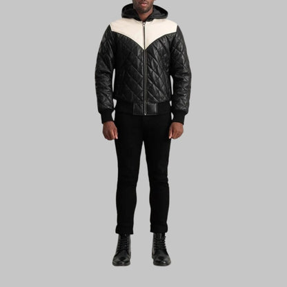 Norman Men’s Black Hooded Leather Bomber Puffer Jacket