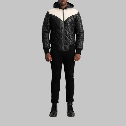 Norman Men’s Black Hooded Leather Bomber Puffer Jacket