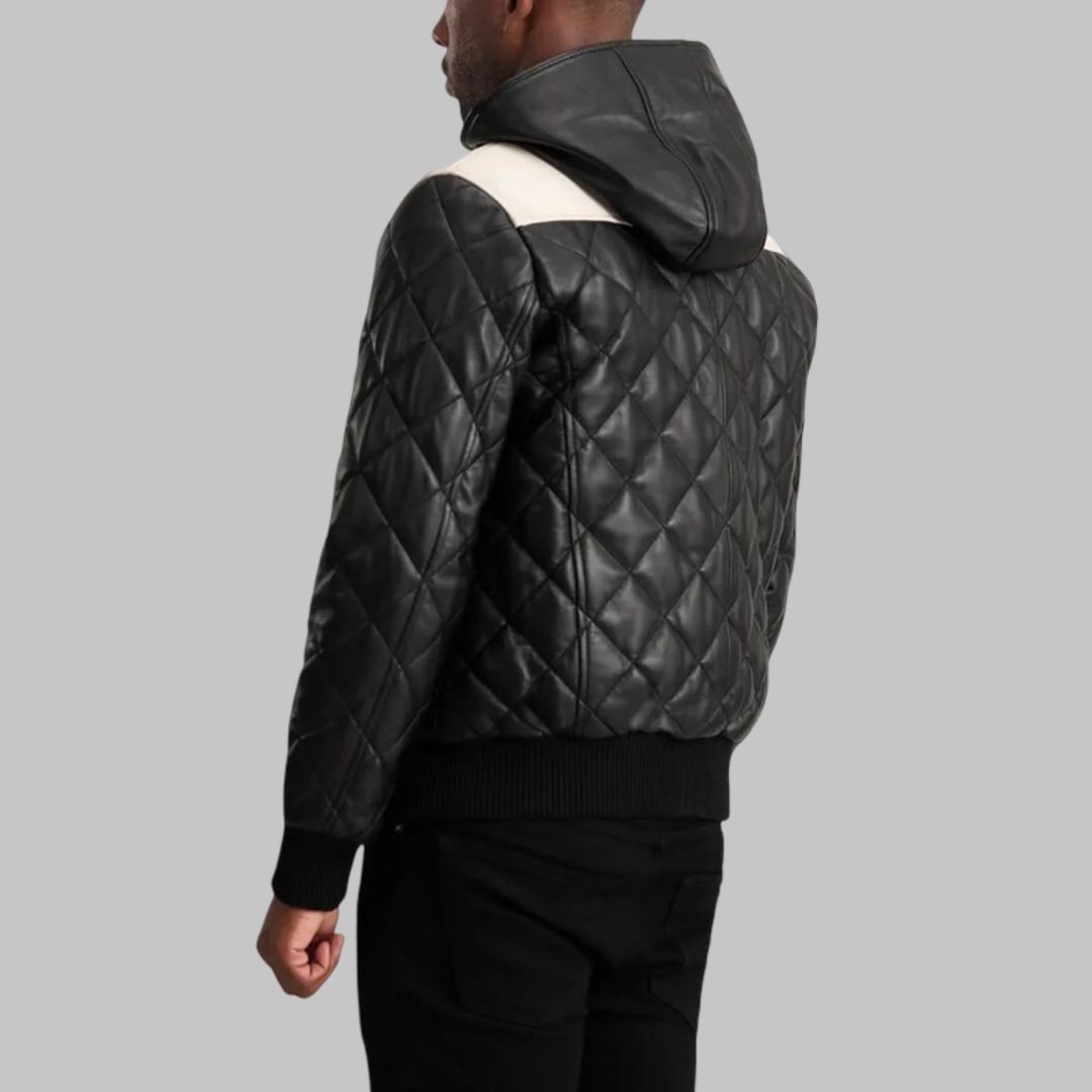 Norman Men’s Black Hooded Leather Bomber Puffer Jacket