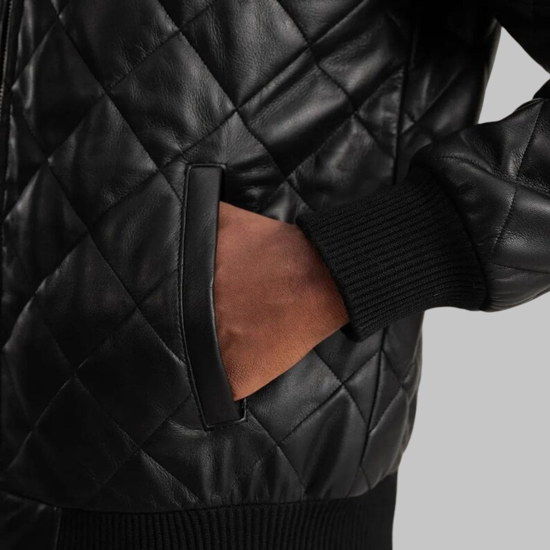 Norman Men’s Black Hooded Leather Bomber Puffer Jacket