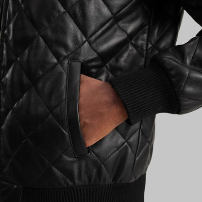 Norman Men’s Black Hooded Leather Bomber Puffer Jacket