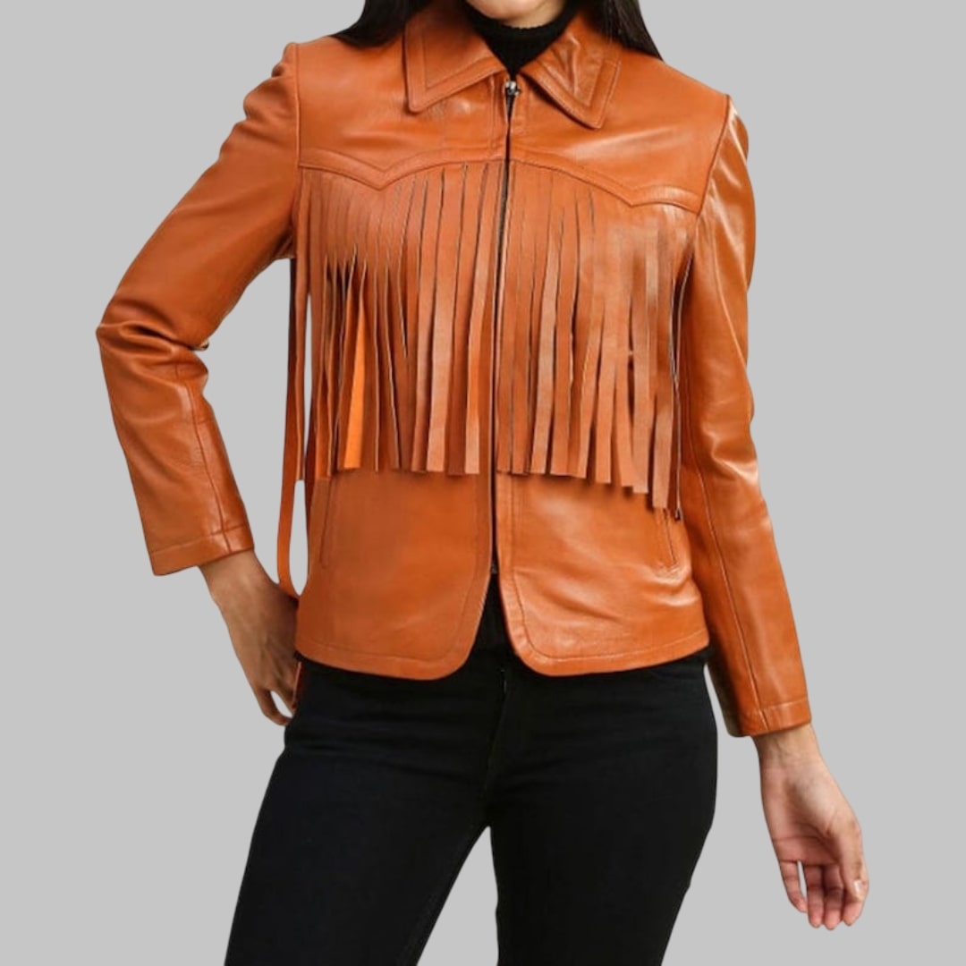 Women’s Orange Genuine Lambskin Fringe Leather Jacket Western Style Festival Outerwear