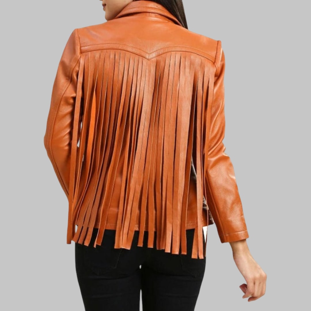 Women’s Orange Genuine Lambskin Fringe Leather Jacket Western Style Festival Outerwear