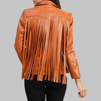 Women’s Orange Genuine Lambskin Fringe Leather Jacket Western Style Festival Outerwear
