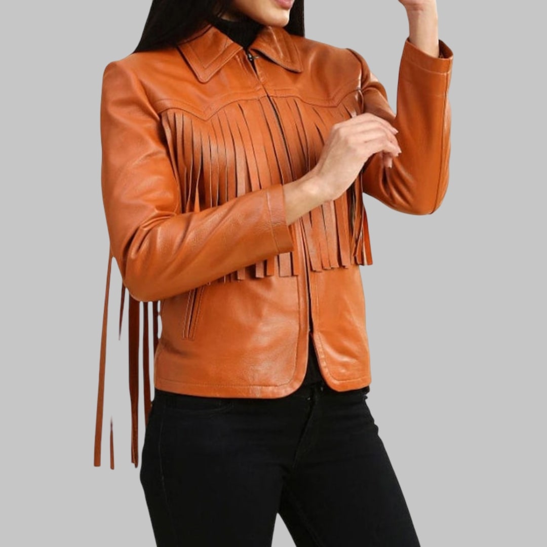 Women’s Orange Genuine Lambskin Fringe Leather Jacket Western Style Festival Outerwear