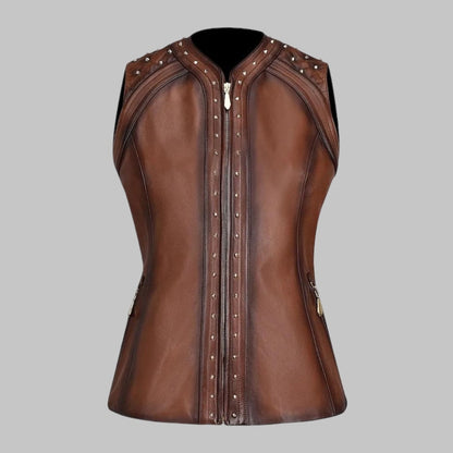 Brown Genuine Leather Vest for Women Stylish Biker Fashion Waistcoat