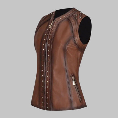 Brown Genuine Leather Vest for Women Stylish Biker Fashion Waistcoat