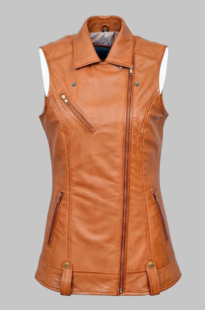 Tan Real Nappa Leather Vest for Women Luxury Biker Waistcoat